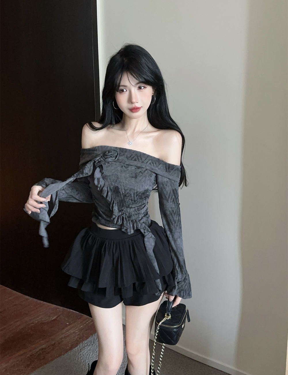 Lotus leaf edges short skirt flat shoulder tops a set