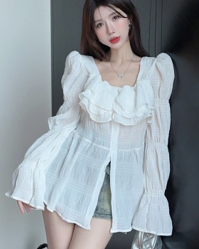 Lotus leaf edges chiffon shirts long autumn shirt for women