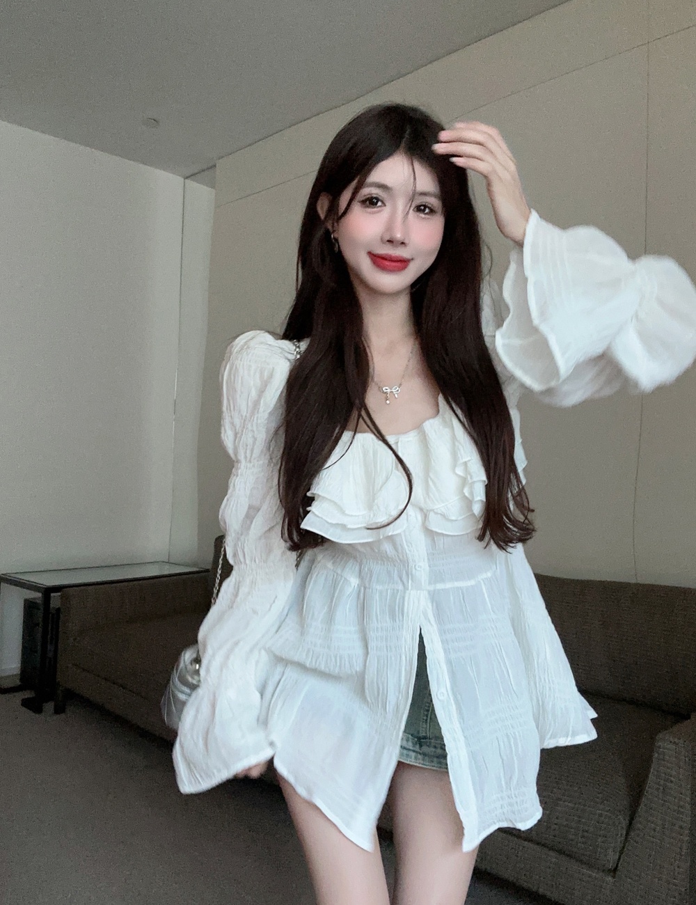 Lotus leaf edges chiffon shirts long autumn shirt for women