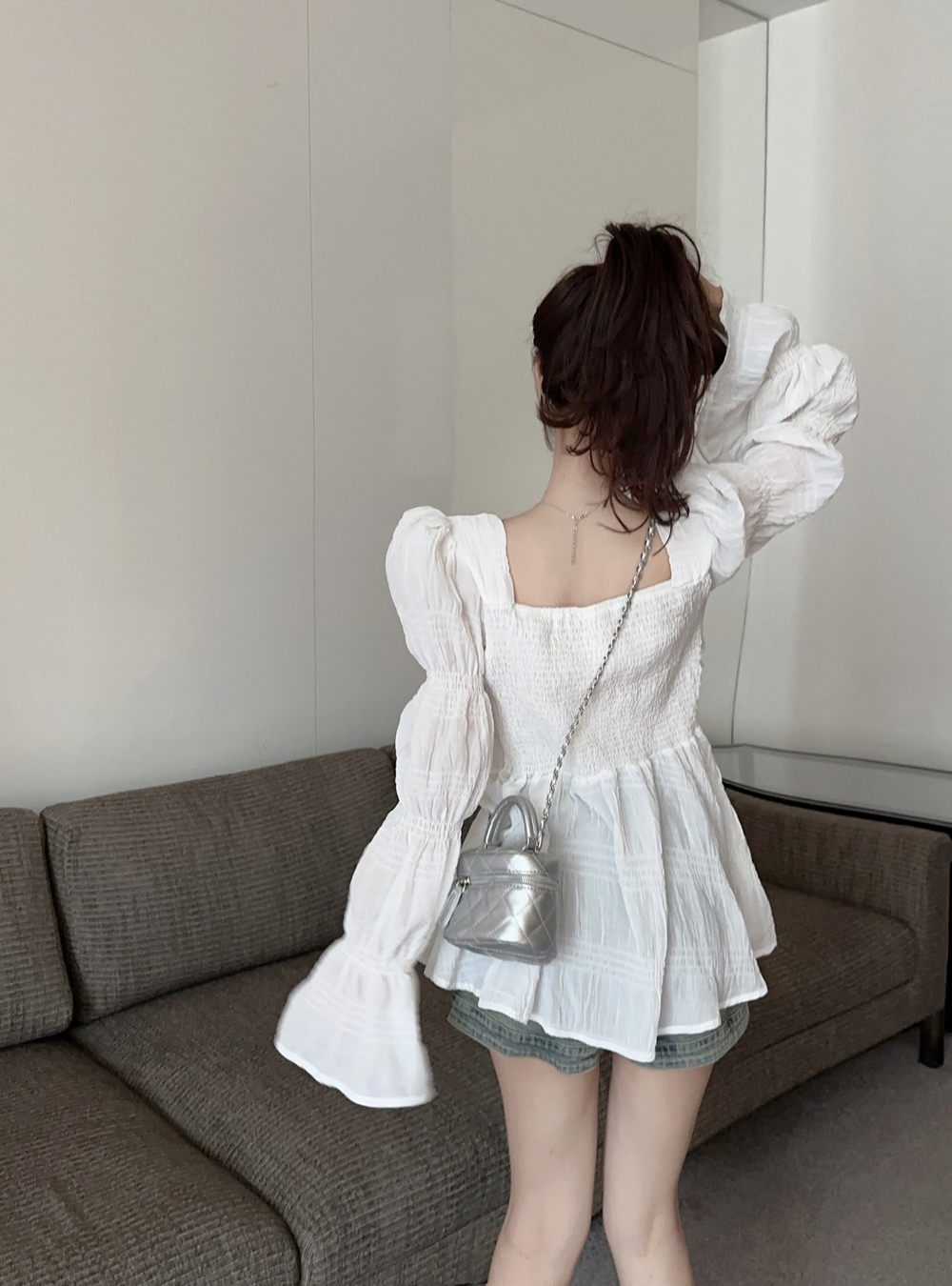 Lotus leaf edges chiffon shirts long autumn shirt for women