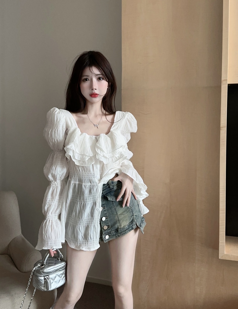 Lotus leaf edges chiffon shirts long autumn shirt for women