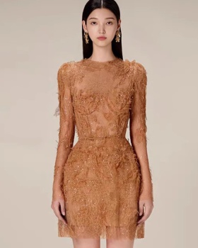 Petal autumn lace T-back long sleeve temperament dress