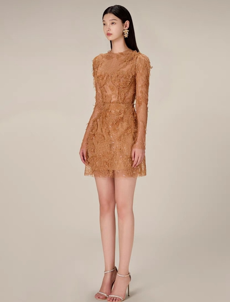 Petal autumn lace T-back long sleeve temperament dress