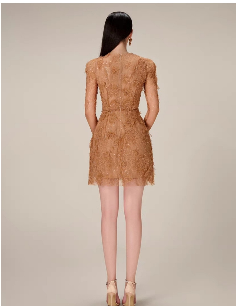 Petal autumn lace T-back long sleeve temperament dress