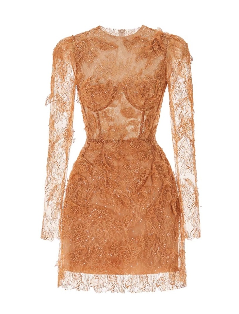 Petal autumn lace T-back long sleeve temperament dress