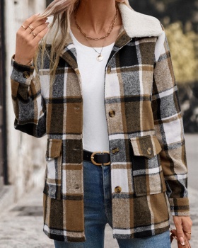 Autumn and winter sueding coat plaid woolen coat for women