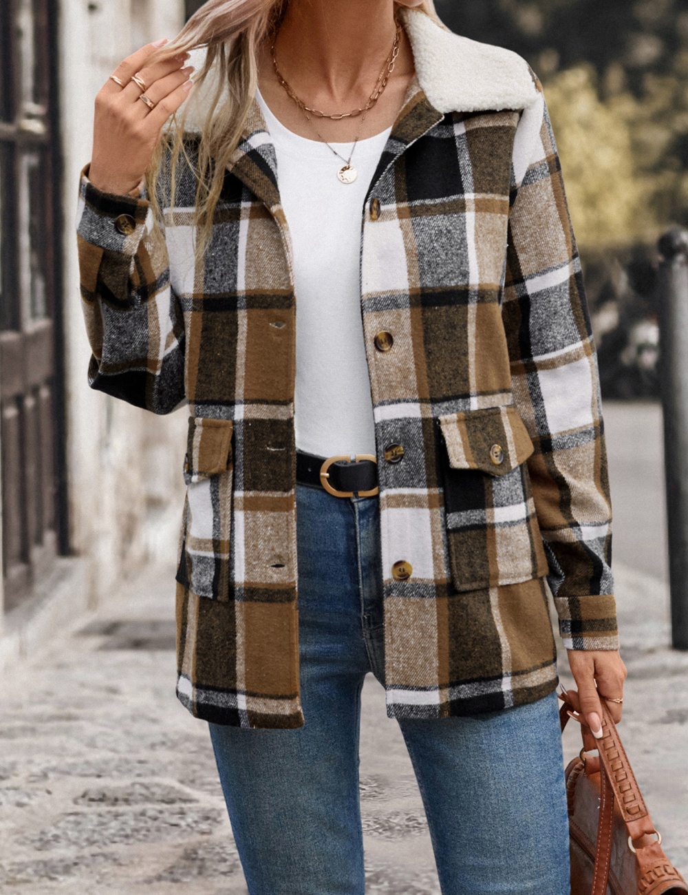 Autumn and winter sueding coat plaid woolen coat for women