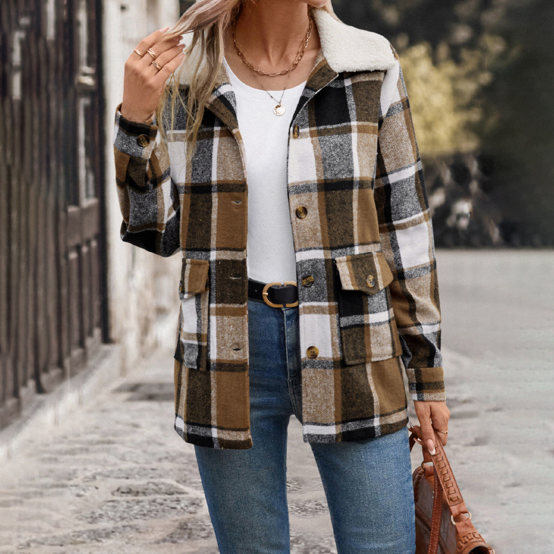 Autumn and winter sueding coat plaid woolen coat for women