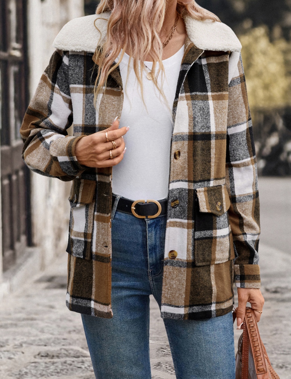 Autumn and winter sueding coat plaid woolen coat for women