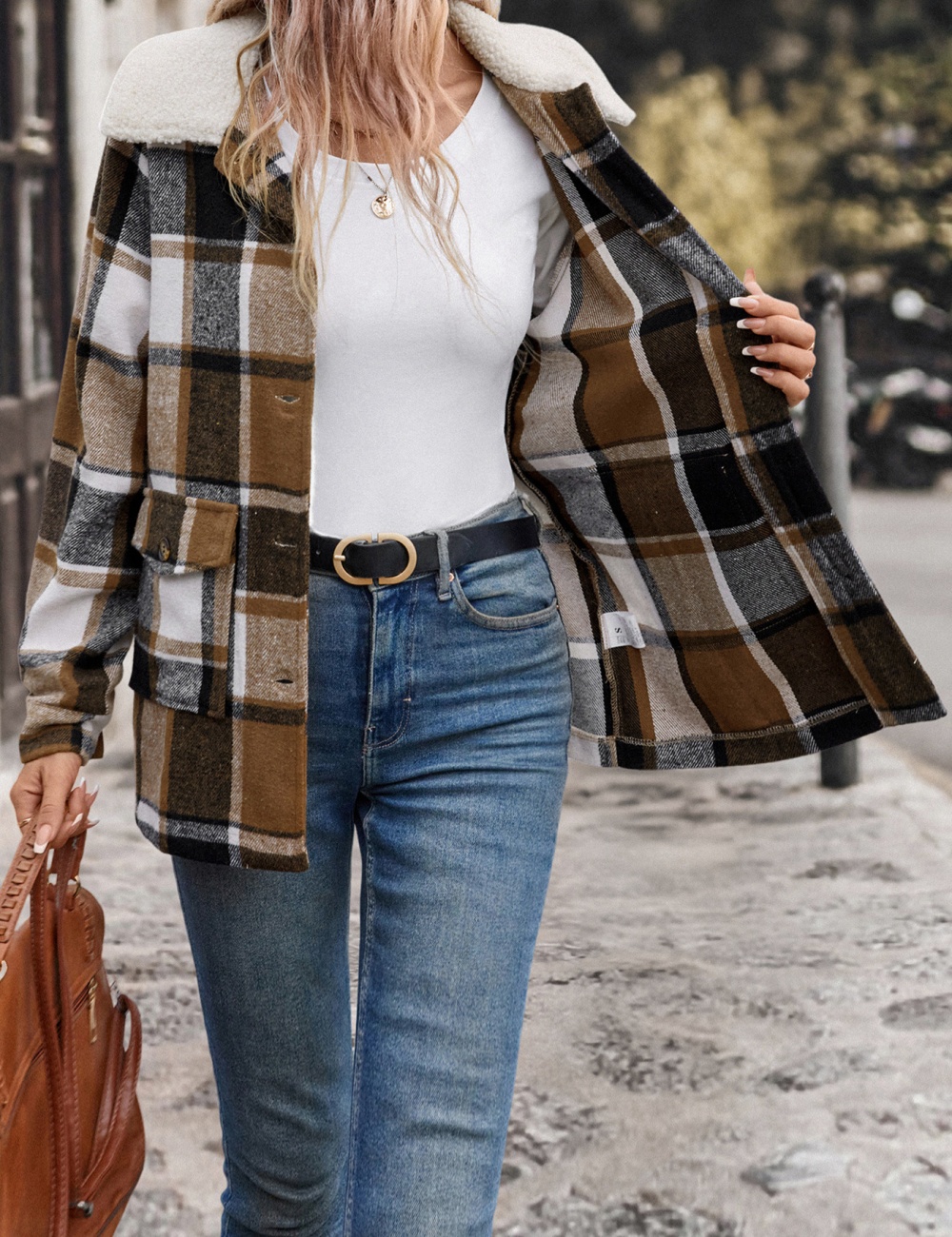 Autumn and winter sueding coat plaid woolen coat for women