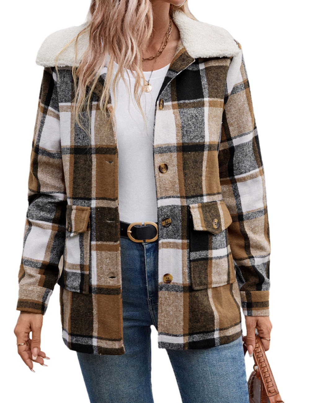 Autumn and winter sueding coat plaid woolen coat for women