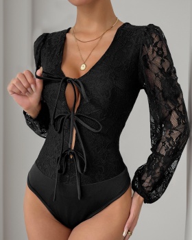 Black European style lace sexy autumn leotard for women