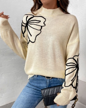 Half high collar European style flower autumn sweater