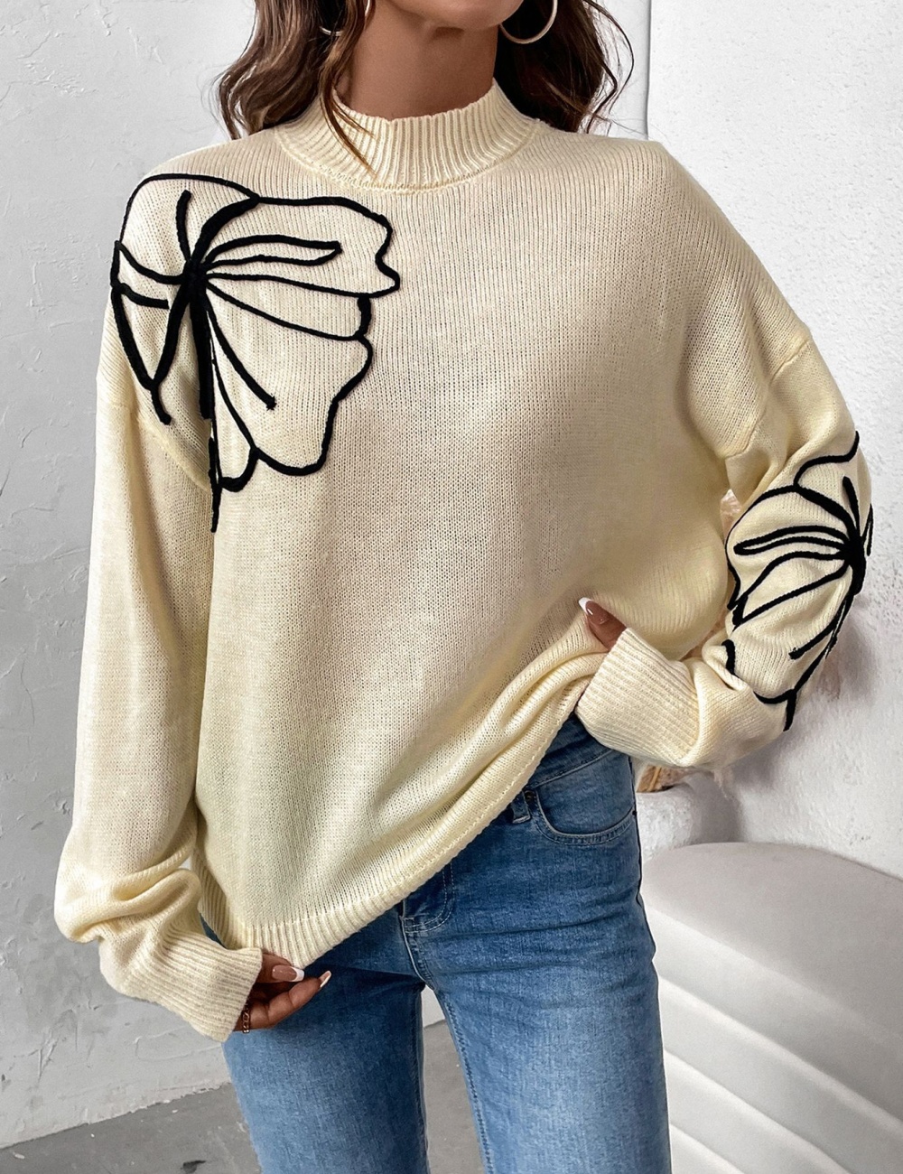 Half high collar European style flower autumn sweater