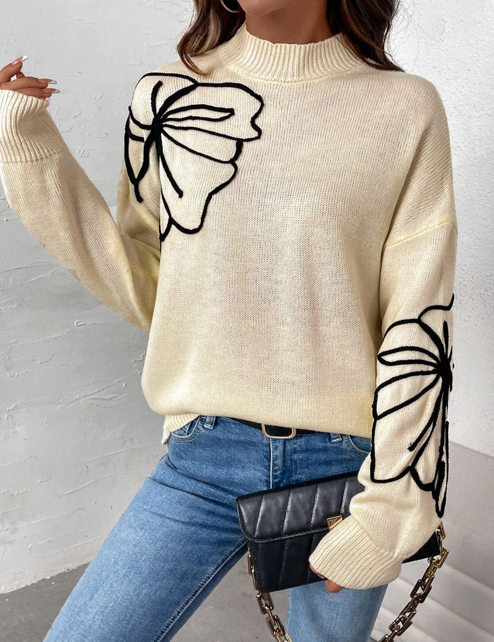 Half high collar European style flower autumn sweater