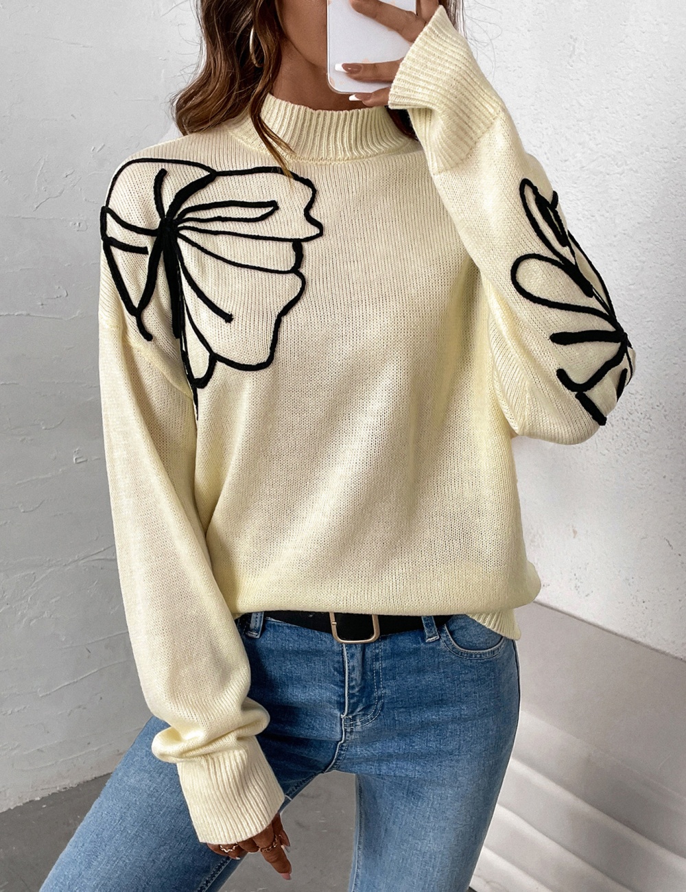 Half high collar European style flower autumn sweater