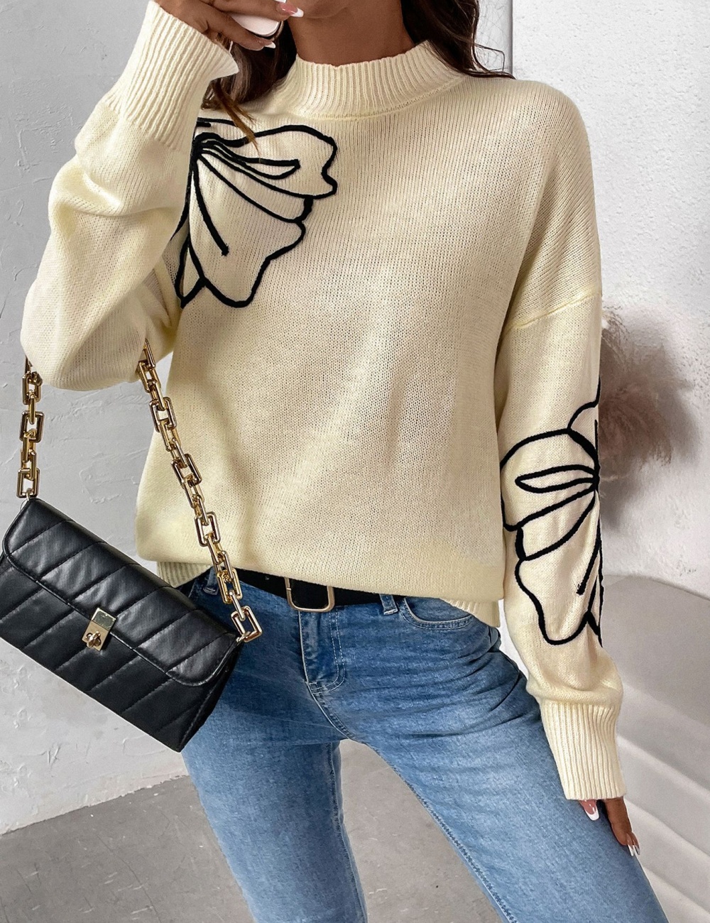 Half high collar European style flower autumn sweater