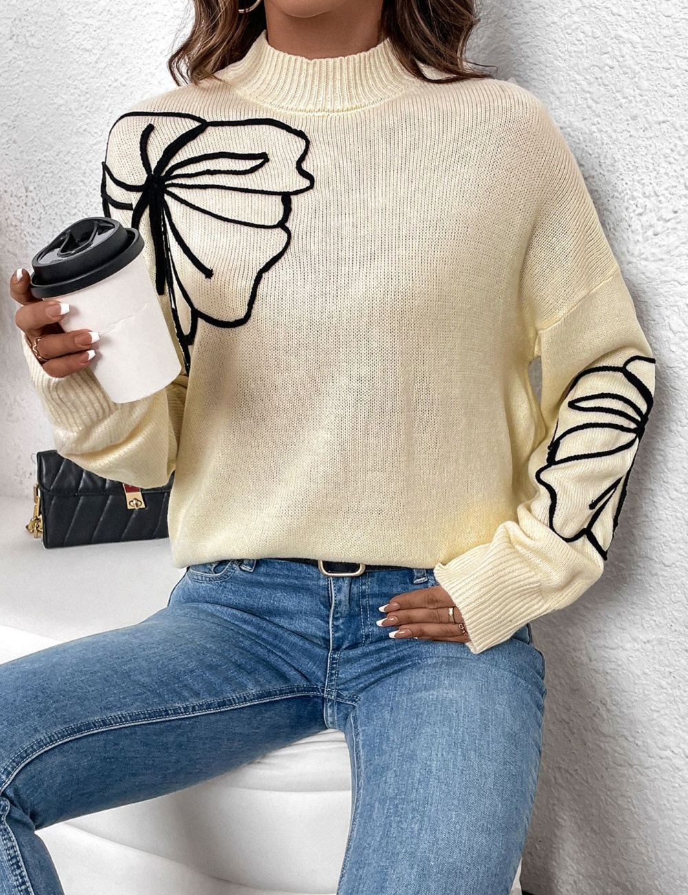 Half high collar European style flower autumn sweater