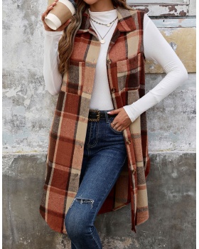 European style plaid coat lapel long waistcoat for women