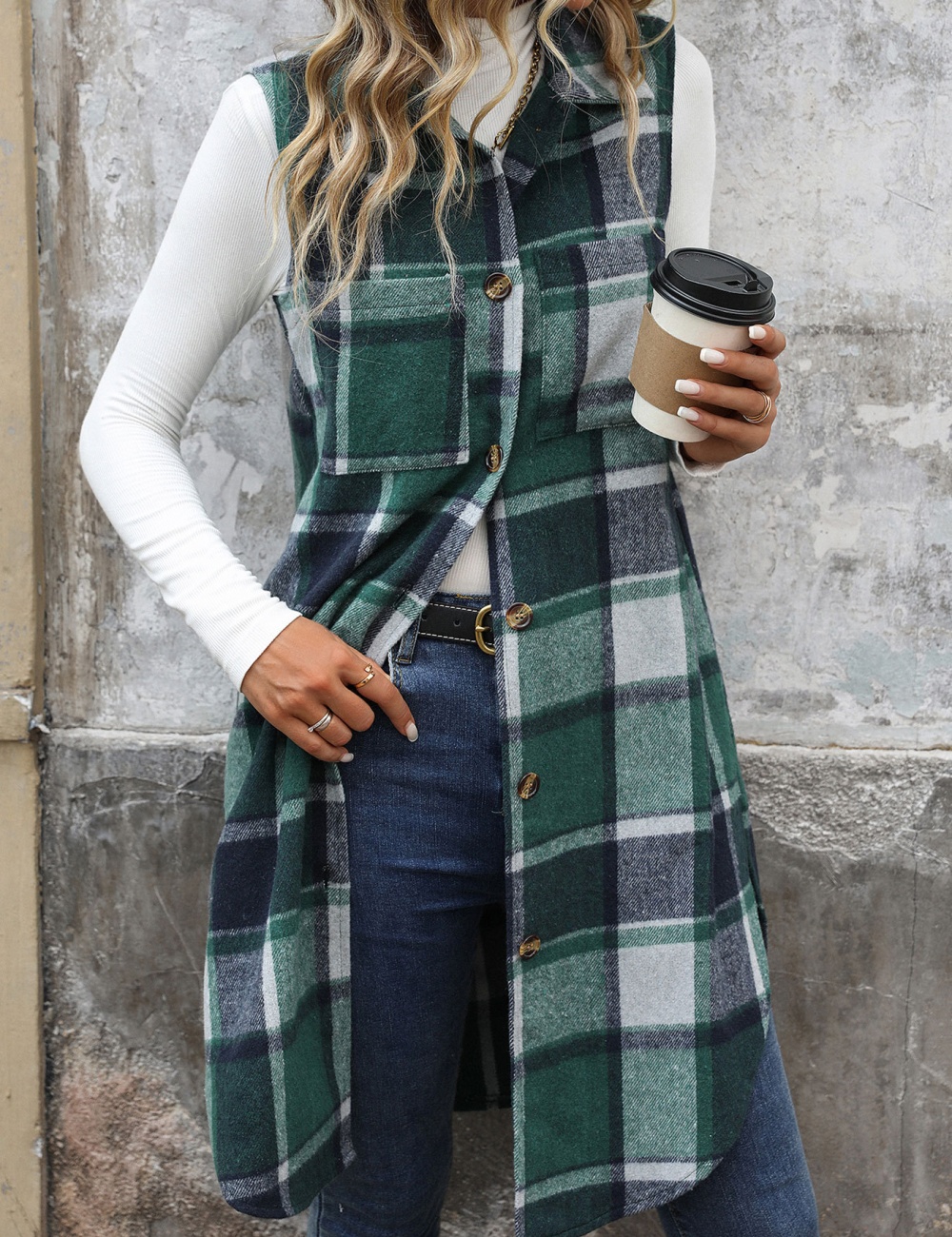 European style plaid coat lapel long waistcoat for women