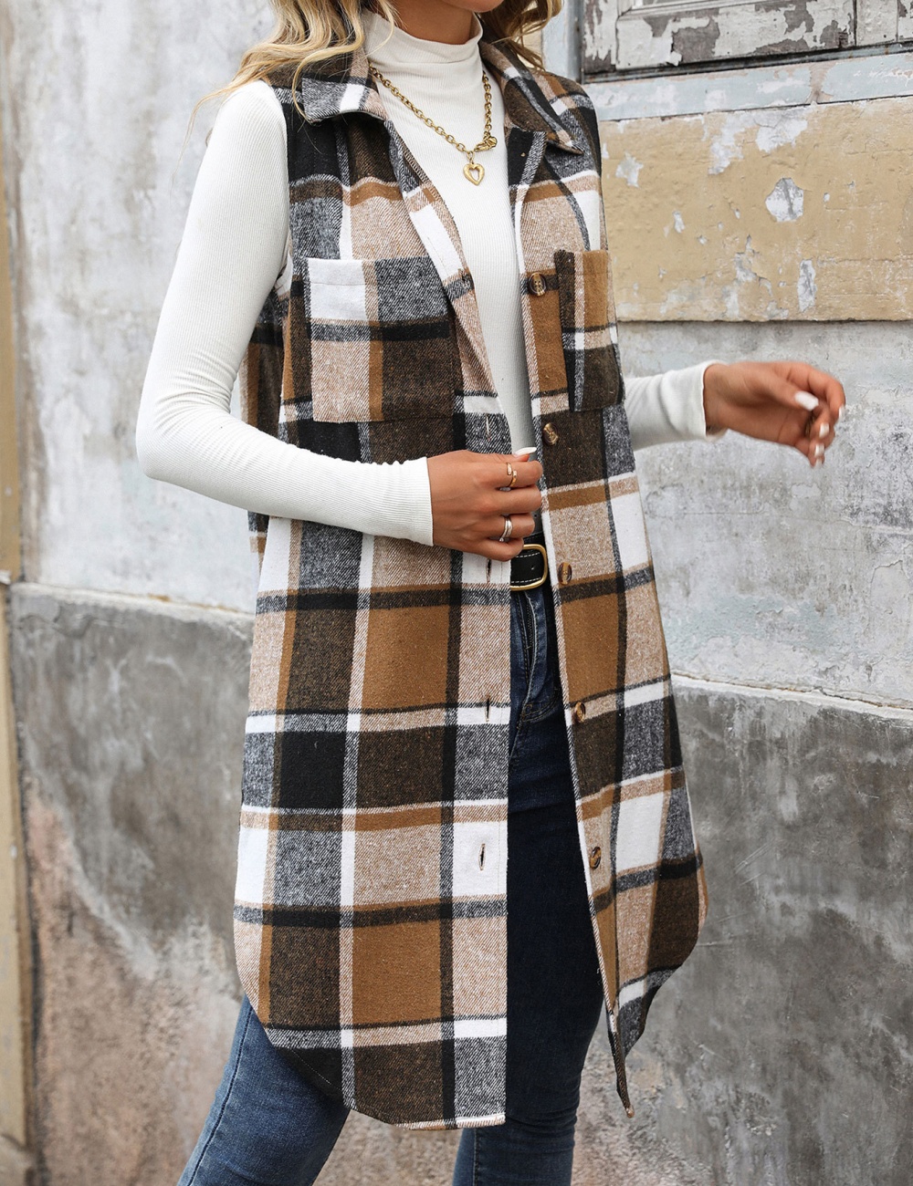 European style plaid coat lapel long waistcoat for women