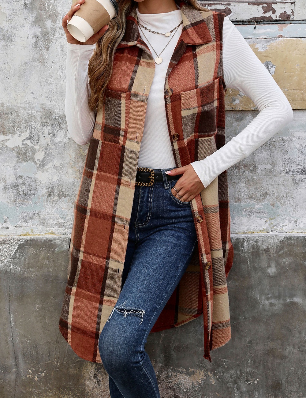 European style plaid coat lapel long waistcoat for women