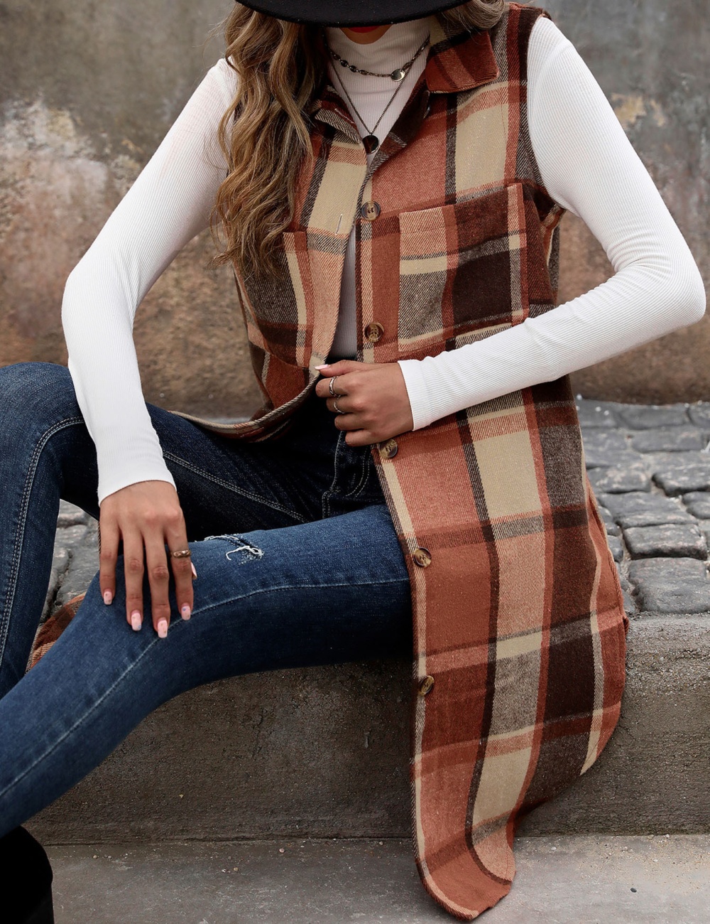 European style plaid coat lapel long waistcoat for women