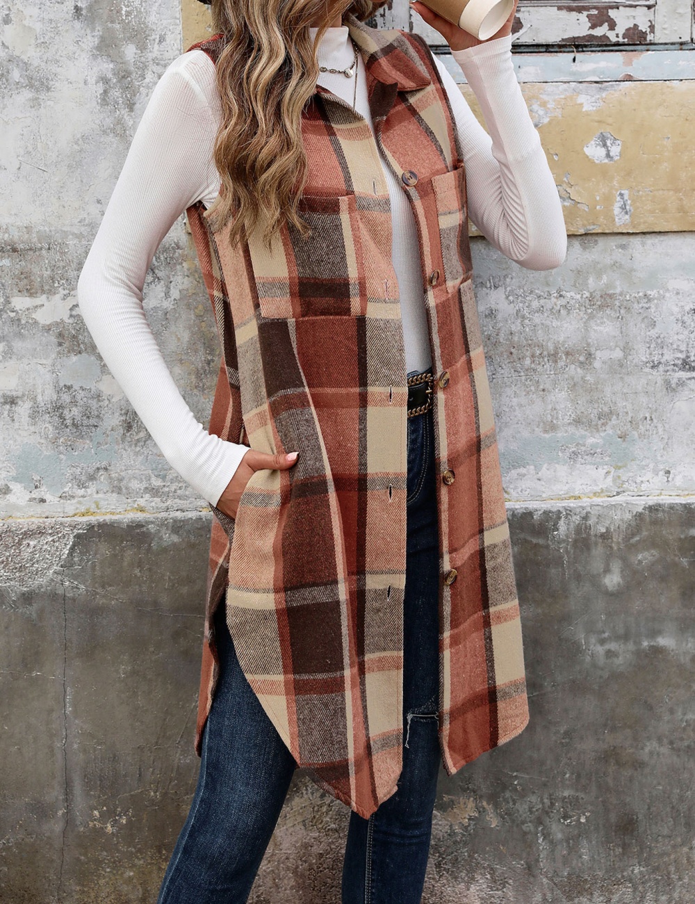 European style plaid coat lapel long waistcoat for women