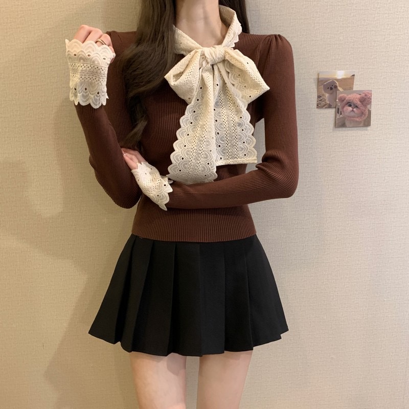 Short lace sweater slim splice bottoming shirt for women