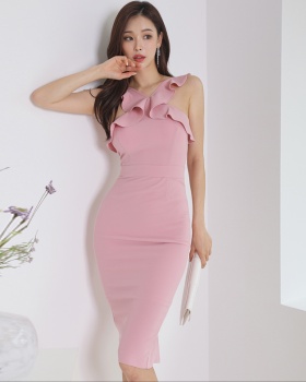 High waist Korean style long wavy edge V-neck slim dress