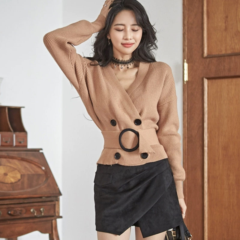 Korean style knitted V-neck slim long sleeve sweater