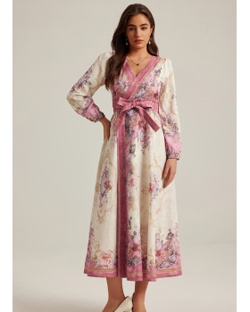 Long long sleeve V-neck retro printing court style dress