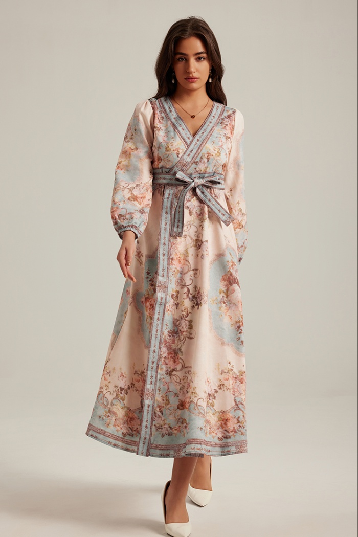 Long long sleeve V-neck retro printing court style dress