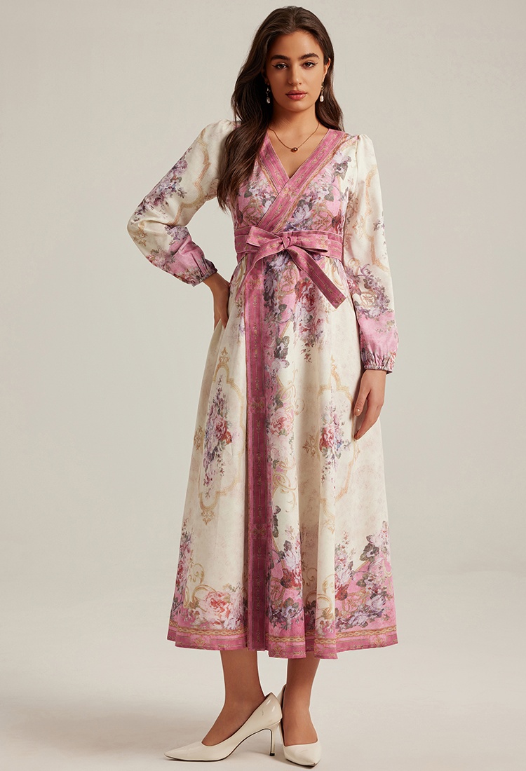 Long long sleeve V-neck retro printing court style dress