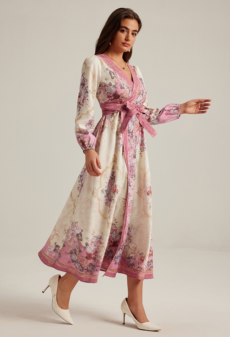 Long long sleeve V-neck retro printing court style dress