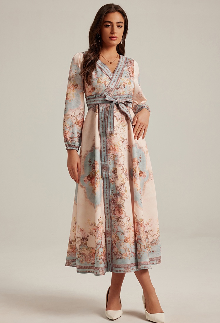 Long long sleeve V-neck retro printing court style dress