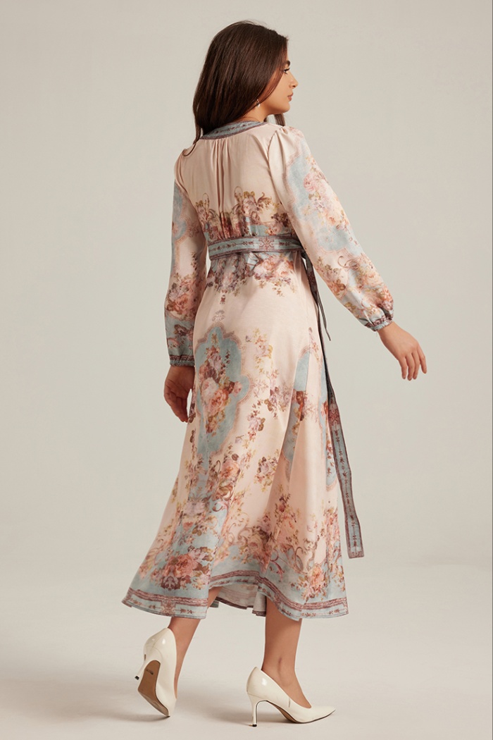 Long long sleeve V-neck retro printing court style dress