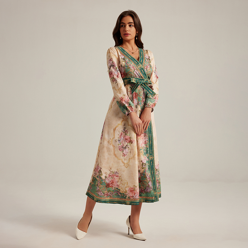 Long long sleeve V-neck retro printing court style dress