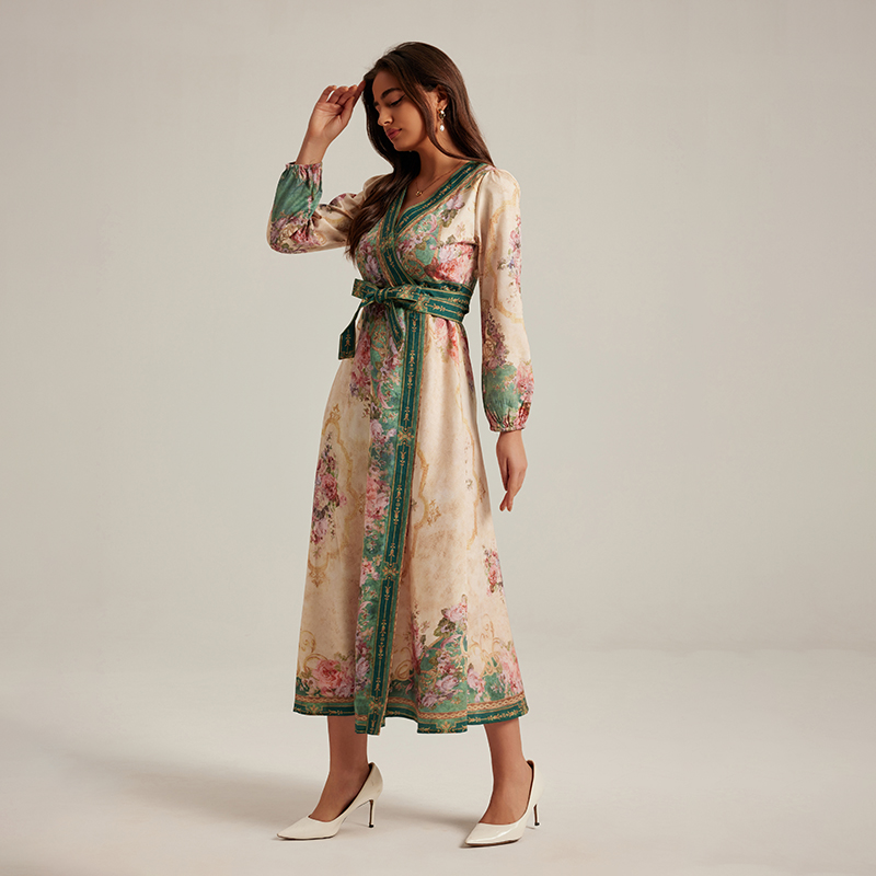 Long long sleeve V-neck retro printing court style dress