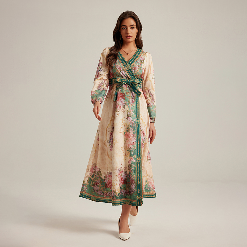 Long long sleeve V-neck retro printing court style dress