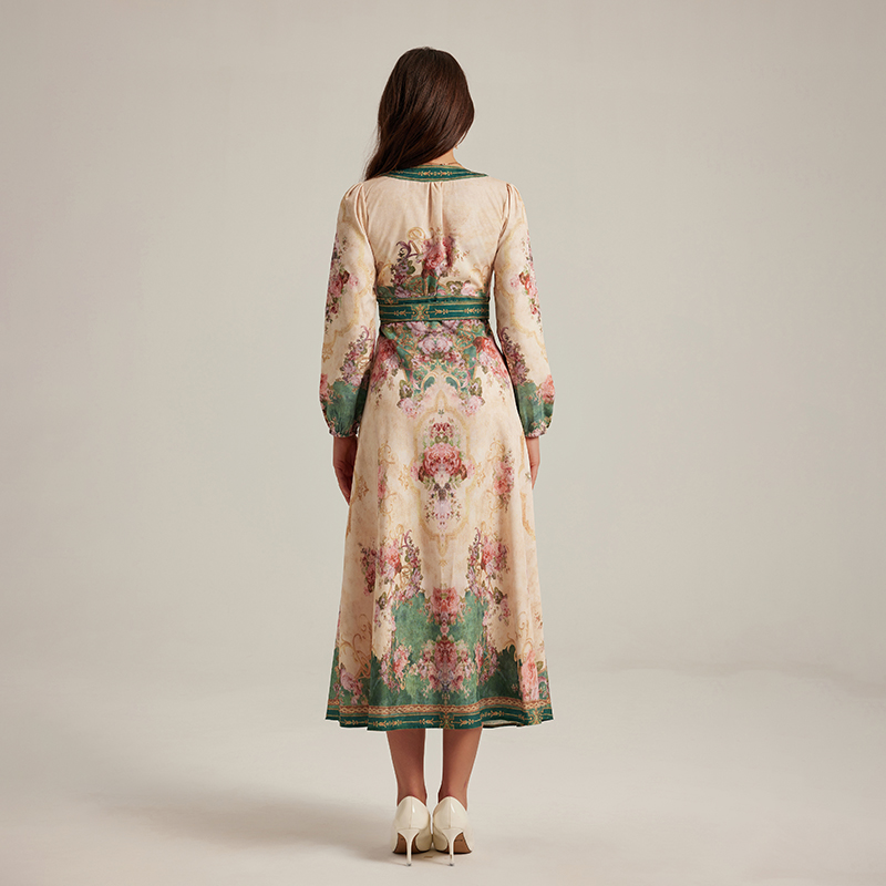 Long long sleeve V-neck retro printing court style dress