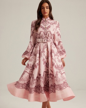 Long sleeve long printing retro court style dress