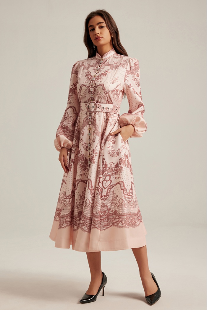 Long sleeve long printing retro court style dress