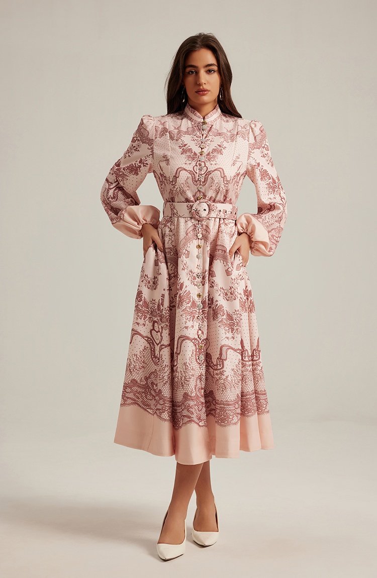 Long sleeve long printing retro court style dress