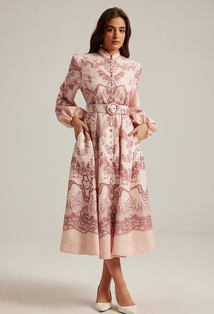 Long sleeve long printing retro court style dress