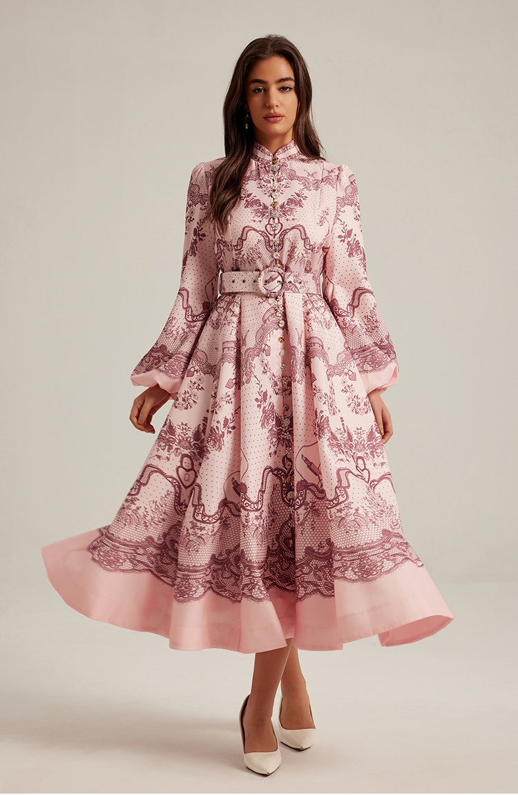 Long sleeve long printing retro court style dress