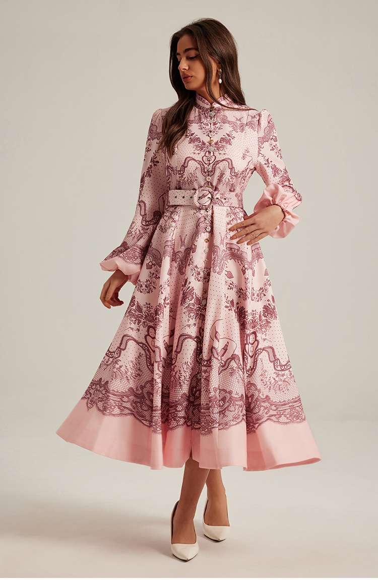 Long sleeve long printing retro court style dress