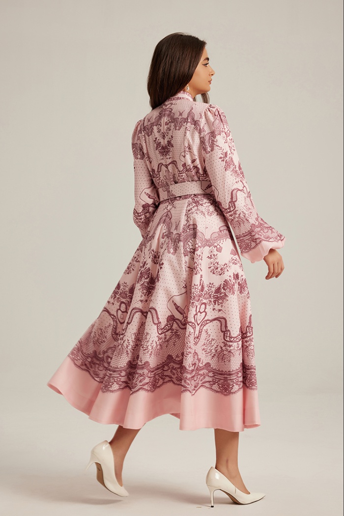 Long sleeve long printing retro court style dress