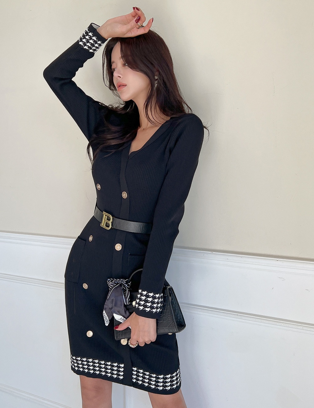 Houndstooth package hip belt knitted dress for women