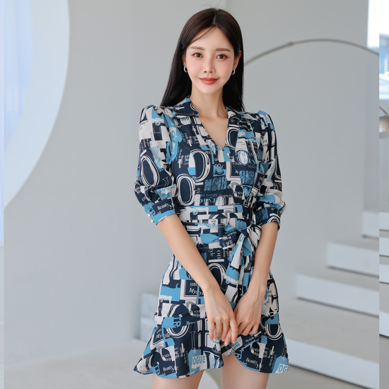 Fashion sexy elegant slim temperament autumn printing dress